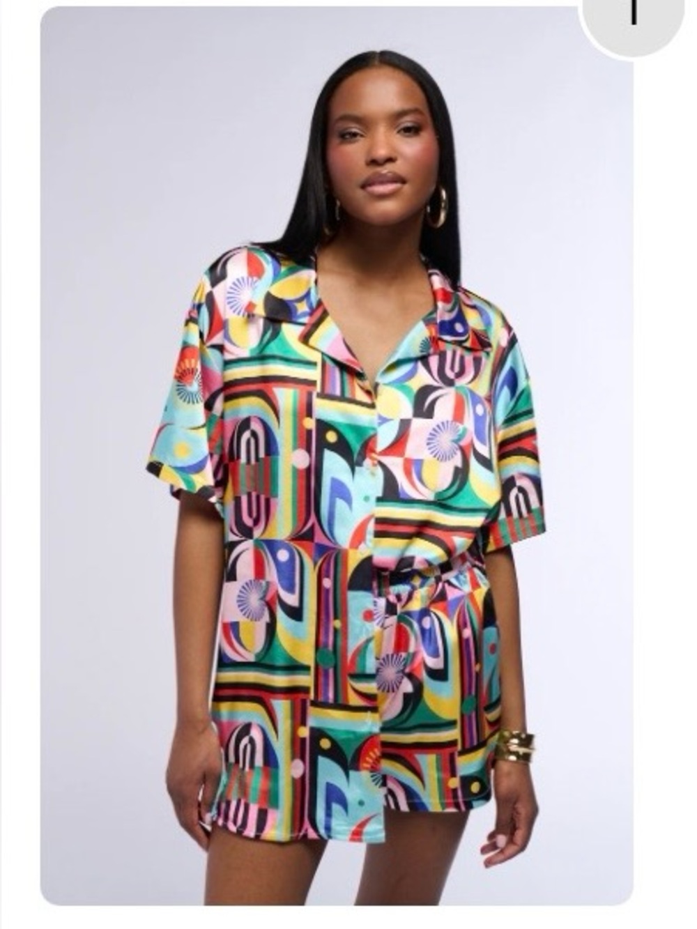 Colorful Geometric Button-Up Top & Shorts Set - Multicolor